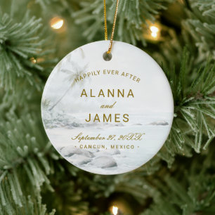 Tropical Watercolor Beach Wedding Photo Ornament