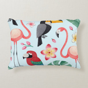 Tropical Watercolor: Bird-Flower Fusion. Decorative Cushion
