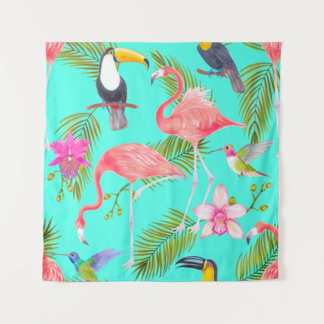 Tropical watercolor birds seamless pattern tapestry (Front)