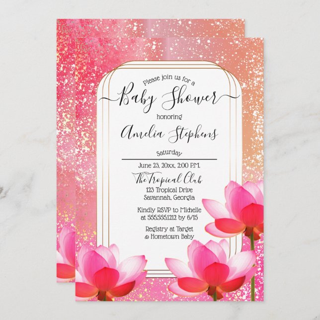 Tropical Watercolor Boho  Lotus Floral Baby Shower Invitation (Front/Back)