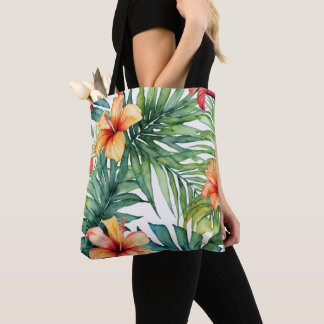 Tropical Watercolor Botanical Art | Palm Hibiscus Tote Bag