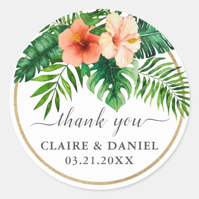 Tropical Watercolor Botanical Wedding Thank You Classic Round Sticker (Front)