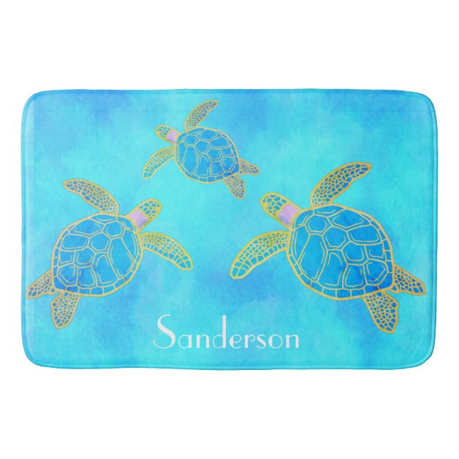Tropical Watercolor Coastal Sea Turtle Aqua Blue   Bath Mat (Front)