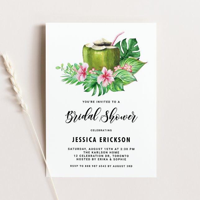 Tropical Watercolor Coconut Summer Bridal Shower Invitation (Creator Uploaded)