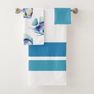 Tropical Watercolor Colourful Fish Bathroom Bath Towel Set