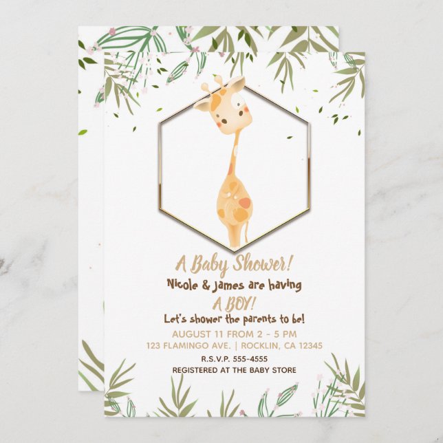 Tropical Watercolor Cute Giraffe Boys Baby Shower Invitation (Front/Back)