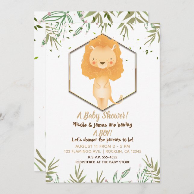 Tropical Watercolor Cute Lion Boys Baby Shower Invitation (Front/Back)