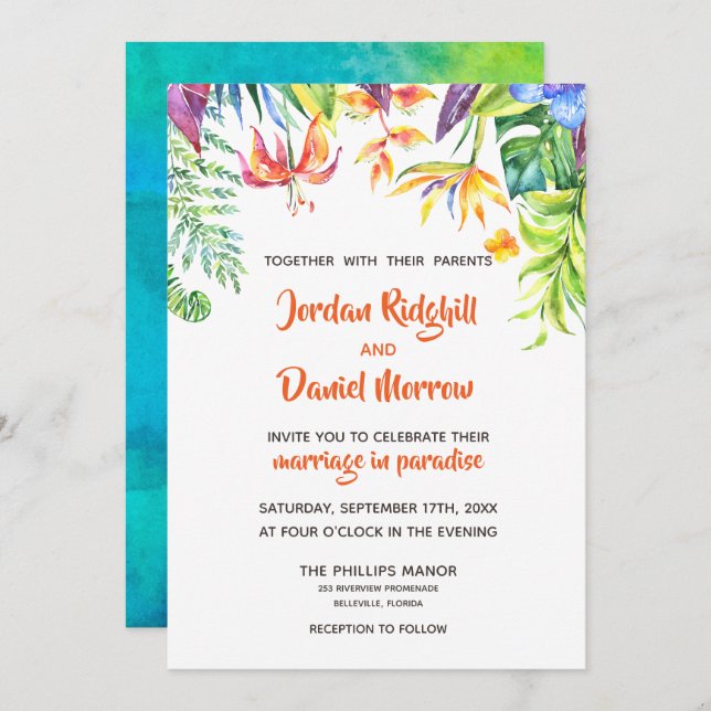 Tropical Watercolor Destination Wedding Invitation (Front/Back)
