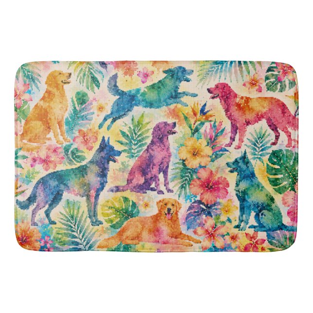 Tropical Watercolor Dogs Bath Mat (Front)