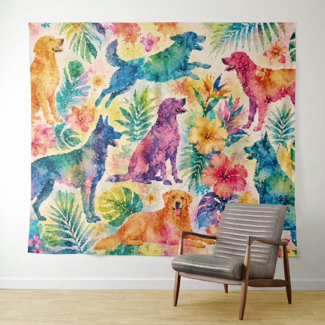 Tropical Watercolor Dogs Tapestry (In Situ (Horizontal))