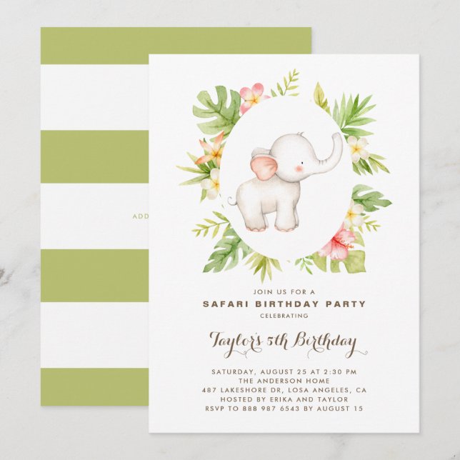 Tropical Watercolor Elephant Safari Kids Birthday Invitation (Front/Back)