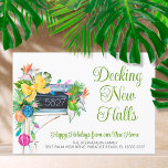 Tropical Watercolor Festive Holiday Mailbox Moving Announcement<br><div class="desc">Tropical moving announcement holiday card featuring watercolor tropical foliage, flowers, greenery and festive Christmas holiday ornaments and lights decorations on a mailbox with your new address number on it with the editable title DECKING NEW HALLS and your custom greeting (the sample says HAPPY HOLIDAYS FROM OUR NEW HOME) in tropical...</div>
