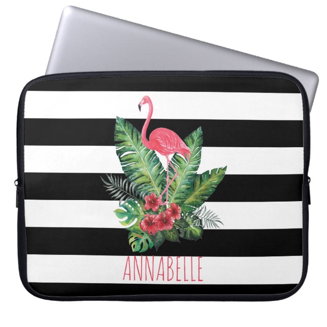Tropical Watercolor Flamingo and flowers stripes Laptop Sleeve (Front)