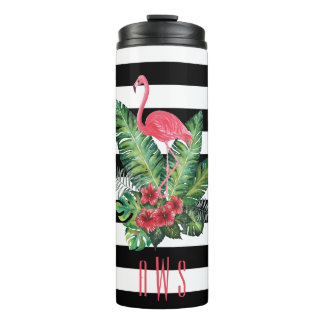 Tropical Watercolor Flamingo and flowers stripes Thermal Tumbler