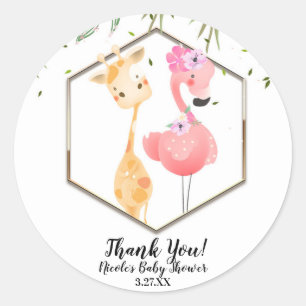 Tropical Watercolor Flamingo & Giraffe Baby Shower Classic Round Sticker