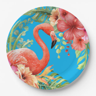 Tropical Watercolor Flamingos & Hibiscus Paper Plate