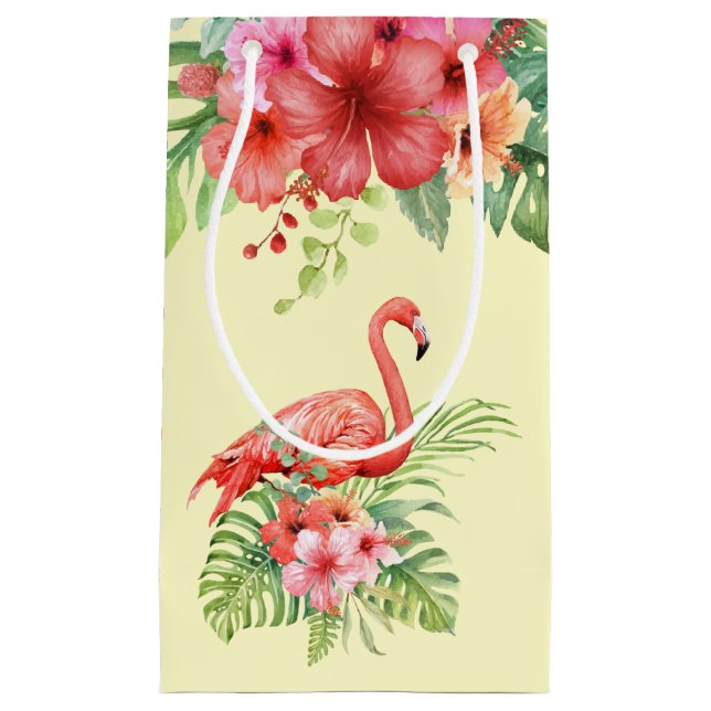 Tropical Watercolor Flamingos & Hibiscus Small Gift Bag (Front)