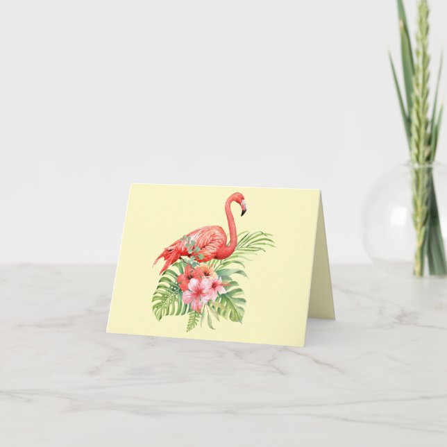 Tropical Watercolor Flamingos & Hibiscus Thank You Card (Front)