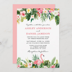 Tropical Watercolor Floral Flamingo Wedding Pink Invitation