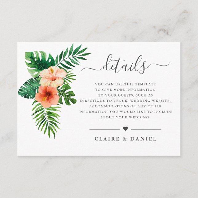 Tropical Watercolor Floral Green Wedding Details Enclosure Card (Front)