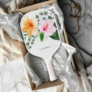 Tropical Watercolor Floral Hibiscus with Name Pickleball Paddle