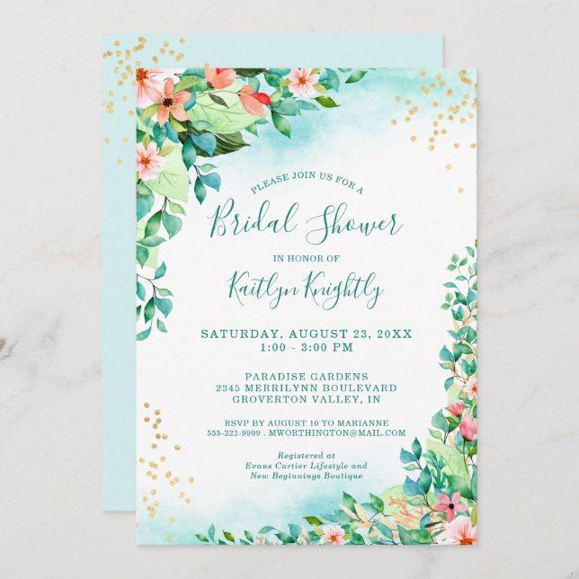 Tropical Watercolor Floral Modern Bridal Shower Invitation (Front/Back)
