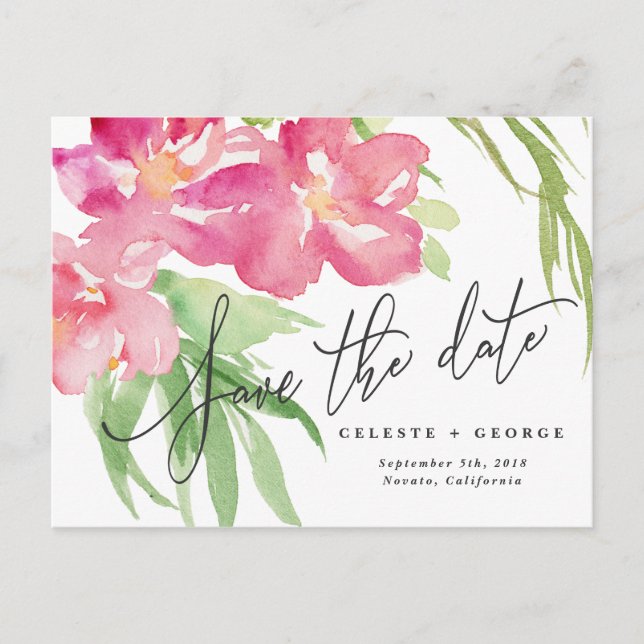Tropical watercolor floral save the date announcement postcard (Front)