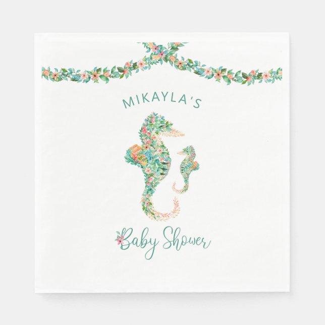 Tropical Watercolor Floral Seahorse Baby Shower Napkin (Front)