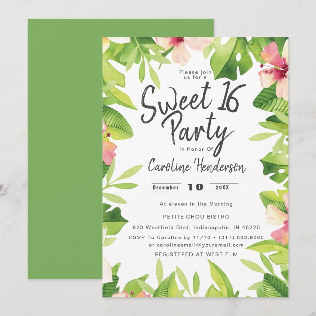 Tropical Watercolor  Floral Sweet Sixteen Party Invitation (Front/Back)