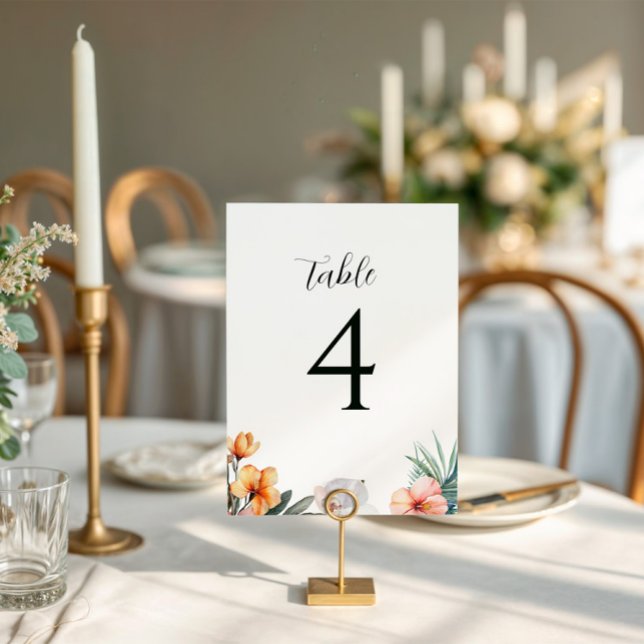 Tropical Watercolor Floral Wedding Table Number (tropical wedding table sign white)