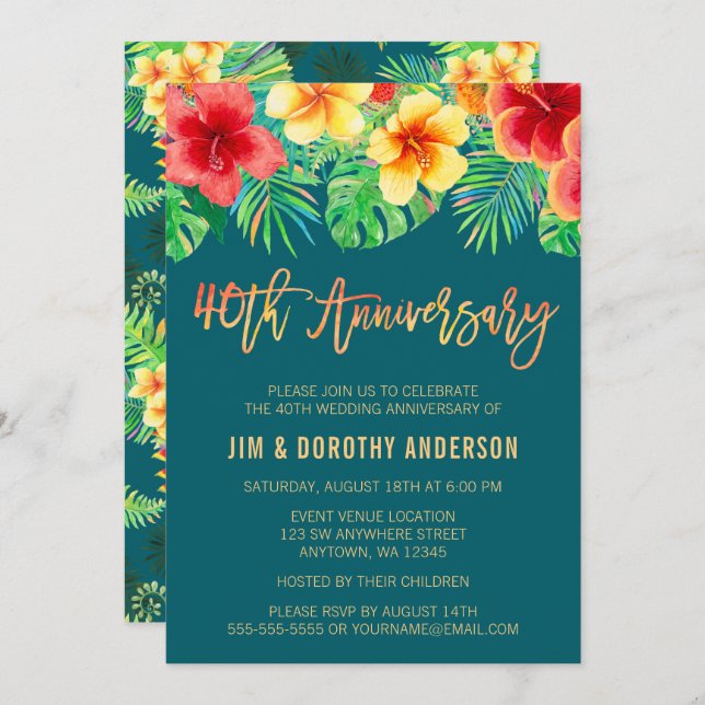 Tropical Watercolor Flower 40th Anniversary Invitation (Front/Back)