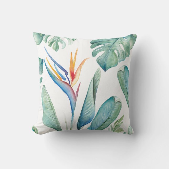 Tropical Watercolor Flower Botanicals and Greenery Cushion (Front)