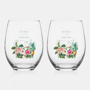 Tropical Watercolor Flowers & Greenery Wedding Stemless Wine Glass