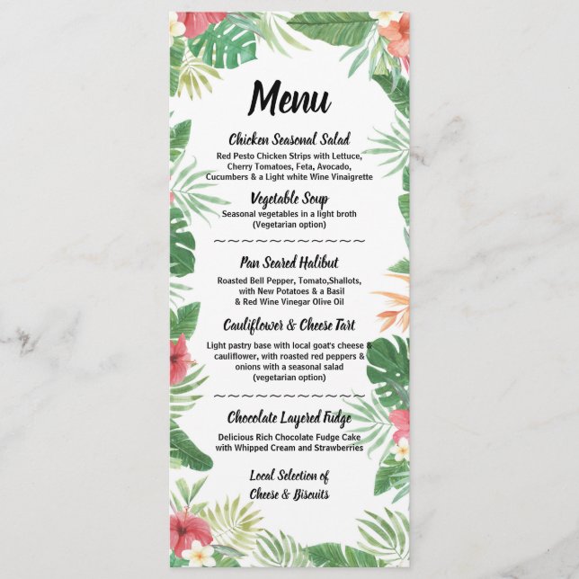 Tropical Watercolor Flowers Menu Wedding Reception (Front)