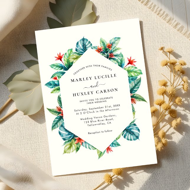 Tropical Watercolor Foliage Frame Modern Wedding Invitation (Creator Uploaded)