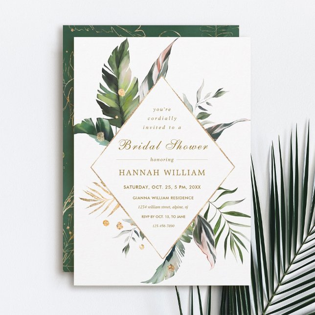 Tropical Watercolor Foliage Gold Bridal Shower Invitation (Creator Uploaded)