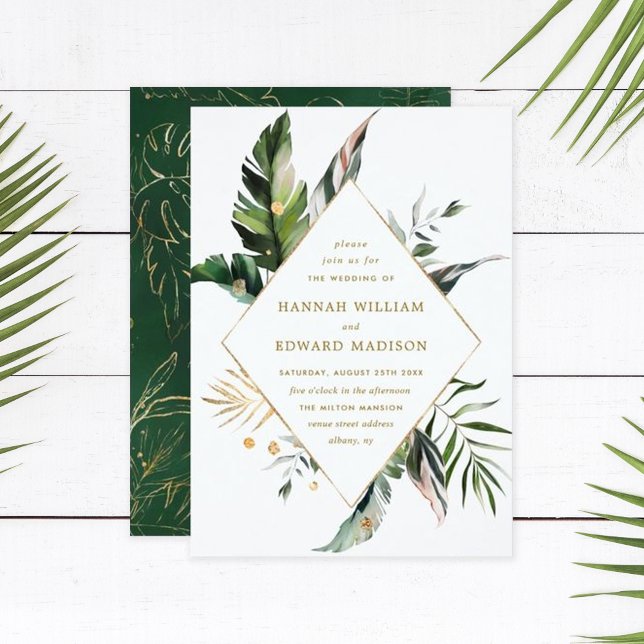 Tropical Watercolor Foliage Gold Frame Wedding Invitation (Creator Uploaded)