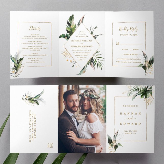 Tropical Watercolor Foliage Gold Frame Wedding Tri-Fold Invitation (Inside & Outside)