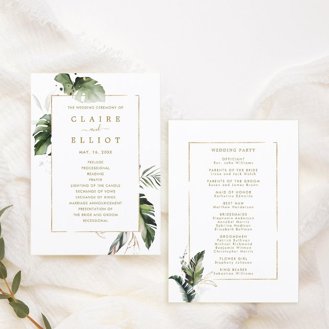 Tropical Watercolor Foliage Gold Wedding Ceremony Programme (Front & Back)