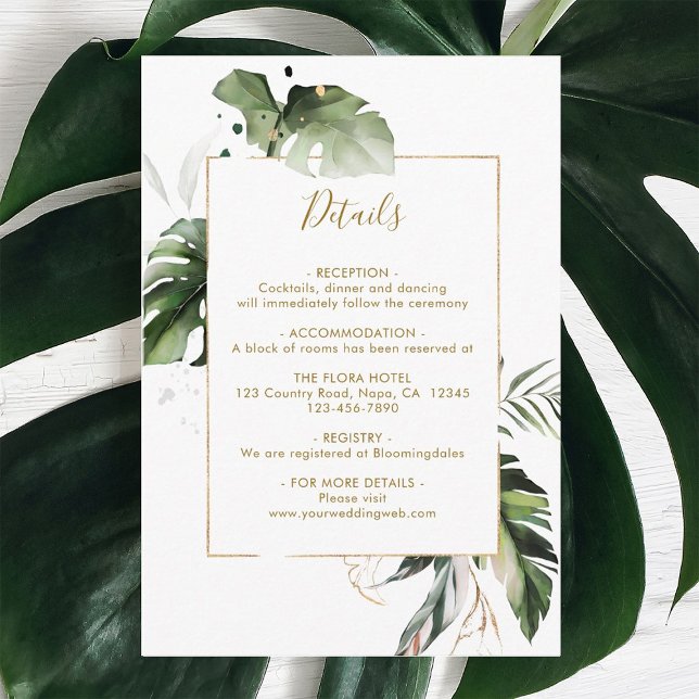 Tropical Watercolor Foliage Gold Wedding Details Enclosure Card (Creator Uploaded)