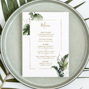 Tropical Watercolor Foliage Gold Wedding Menu