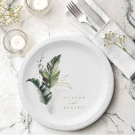 Tropical Watercolor Foliage Gold Wedding Paper Plate<br><div class="desc">This wedding paper plate features watercolor green tropical foliage with gold leaves accents. It's perfect for a beach or destination wedding. Background colour can be changed. >>> Check out the entire collection >>> https://www.zazzle.com/collections/tropical_foliage_gold_collection-119316977990783186</div>