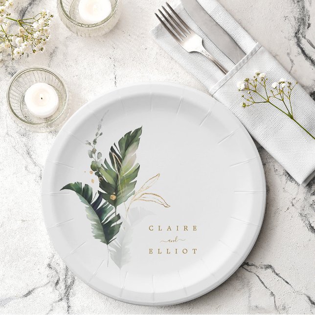 Tropical Watercolor Foliage Gold Wedding Paper Plate (Creator Uploaded)