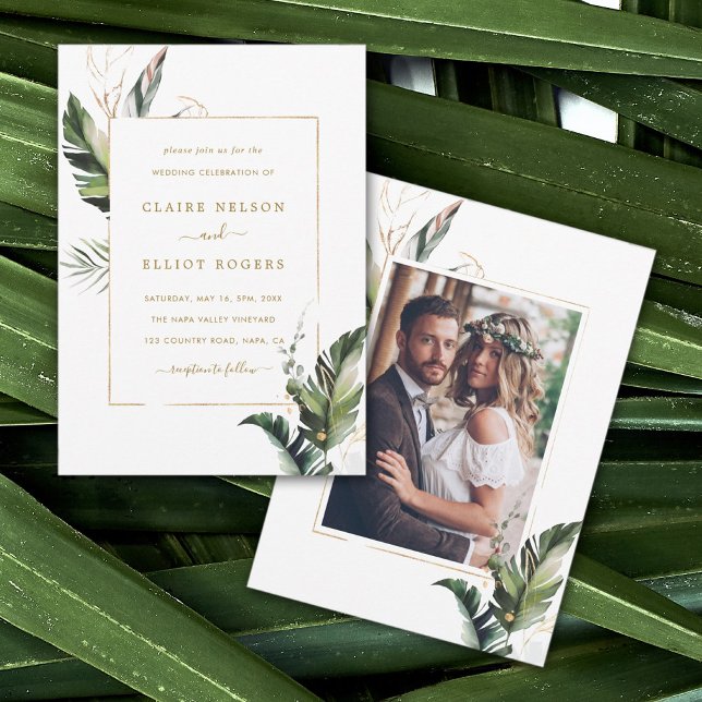 Tropical Watercolor Foliage Gold Wedding Photo Invitation (Creator Uploaded)