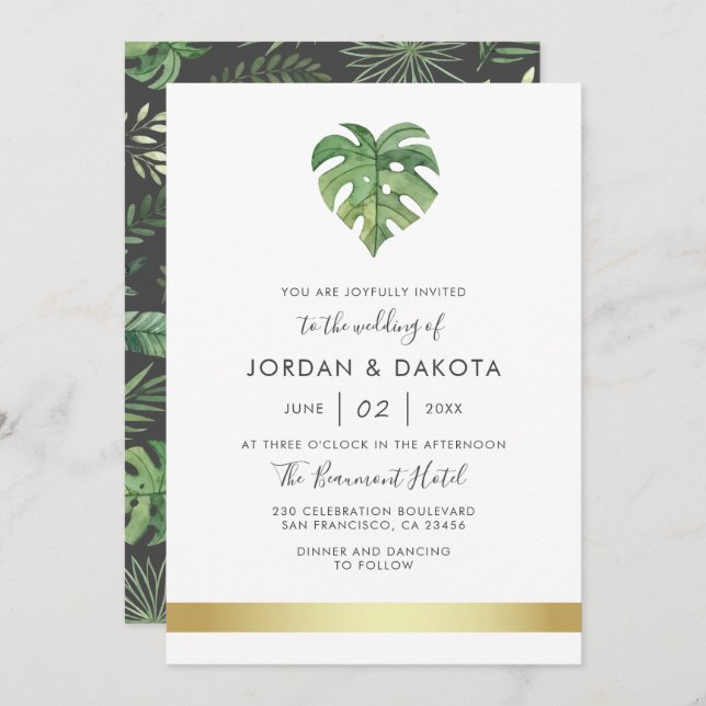 Tropical Watercolor Foliage | Modern Gold Wedding Invitation (Front/Back)