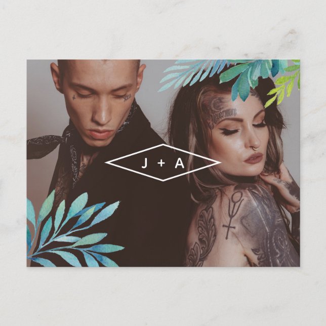 Tropical Watercolor Foliage Save The Date Announcement Postcard (Front)