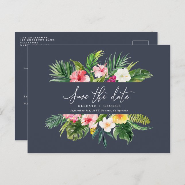 Tropical watercolor foliage script save the date announcement postcard (Front/Back)