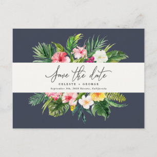 Tropical watercolor foliage script save the date announcement postcard
