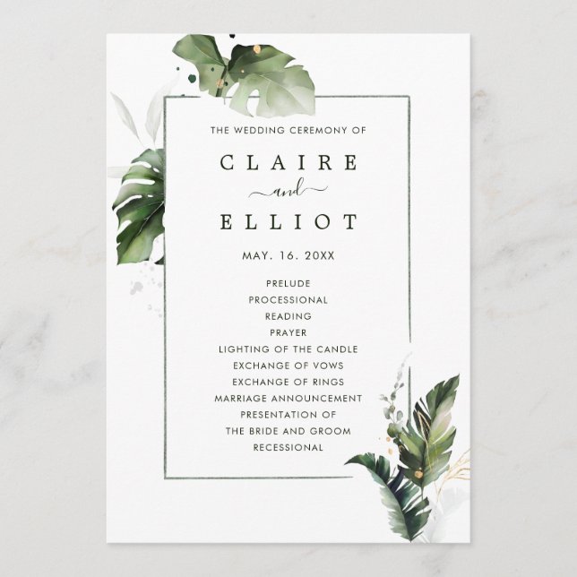 Tropical Watercolor Foliage Wedding Ceremony Programme (Front)