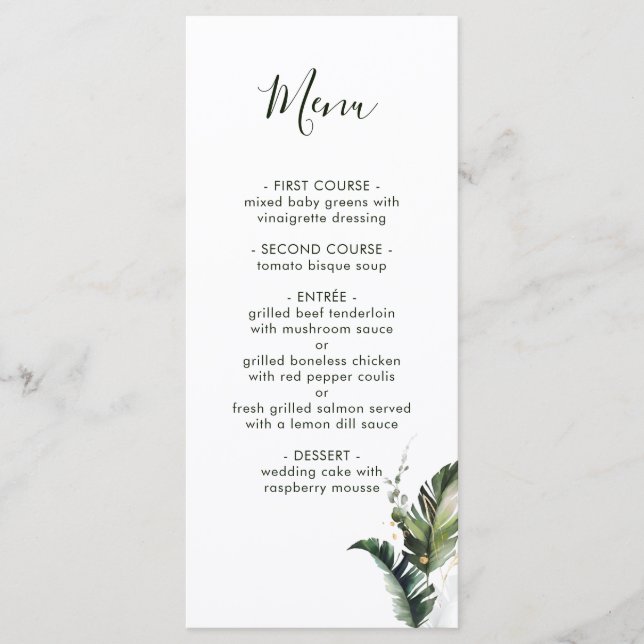 Tropical Watercolor Foliage Wedding Menu (Front)
